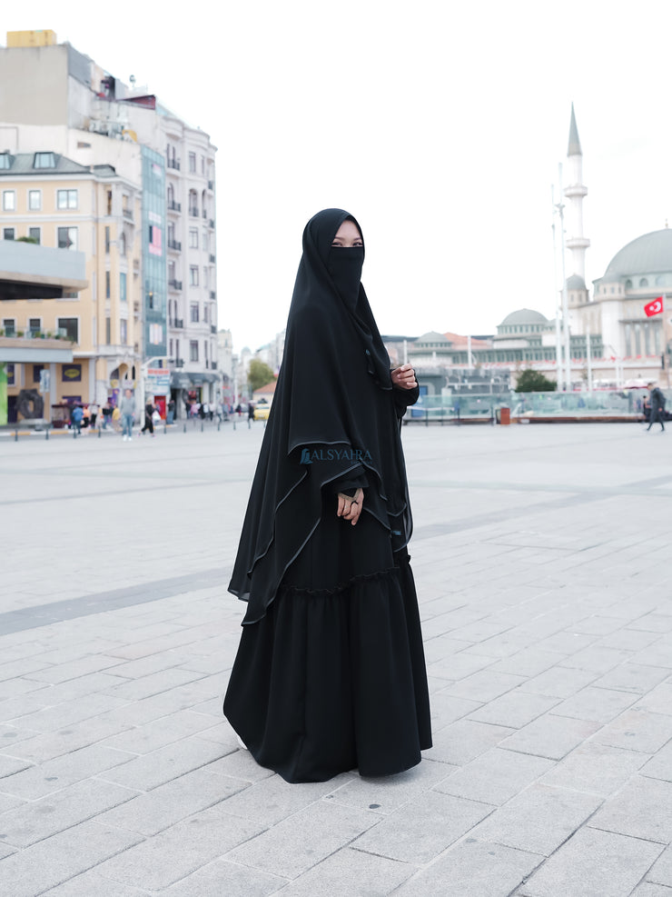 Alsyahra Exclusive Set Khimar Cadar Tali Shofa Bisban Sifon Jetblack 2 Layer XXL