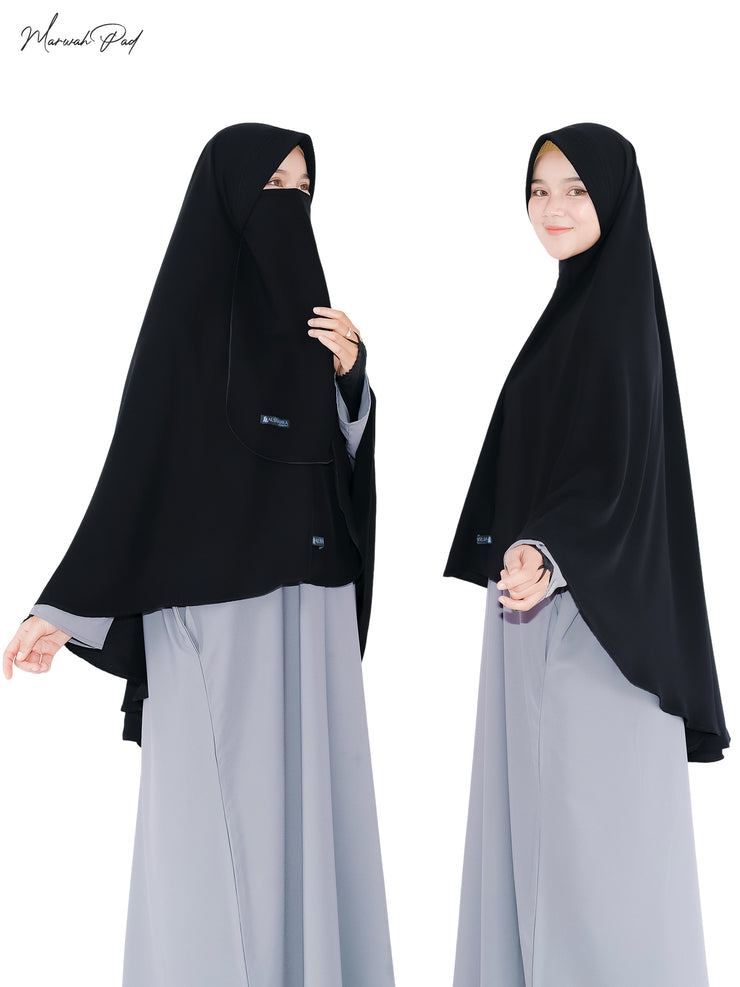 Alsyahra Exclusive Set Khimar Marwah Pad Cadar Tali Size L Jetblack