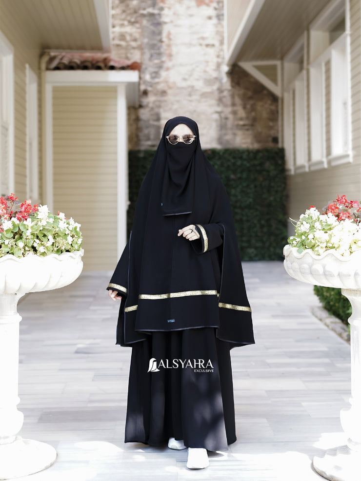 Set Khimar Pita India Gold Handsplit Bisban Cadar Tali Jetblack Alsyahra Exclusive