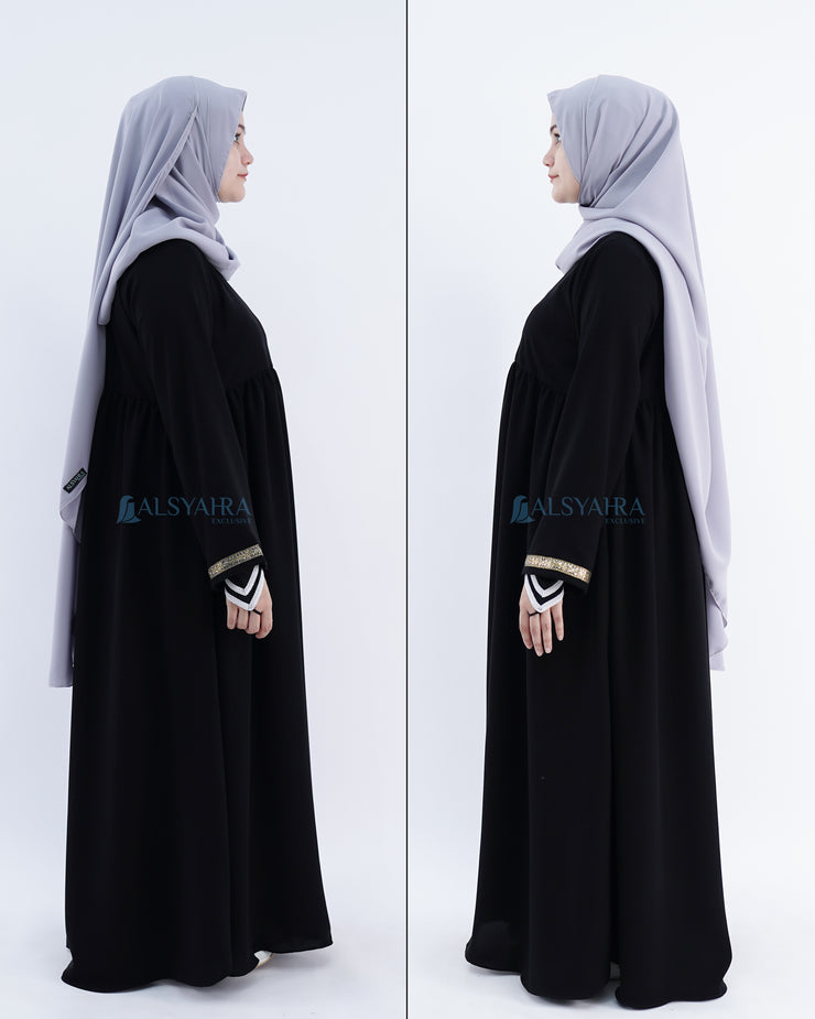 Abaya Gamis Syari Pita India Gold Jetblack Alsyahra Exclusive