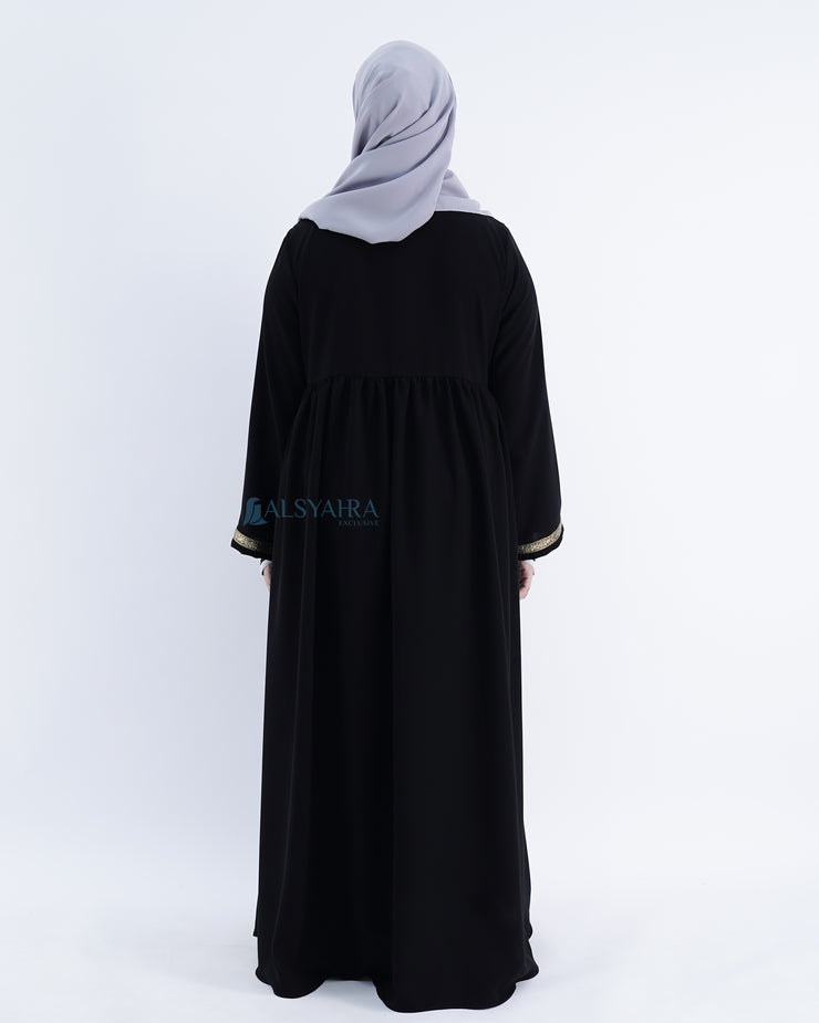Abaya Gamis Syari Pita India Gold Jetblack Alsyahra Exclusive