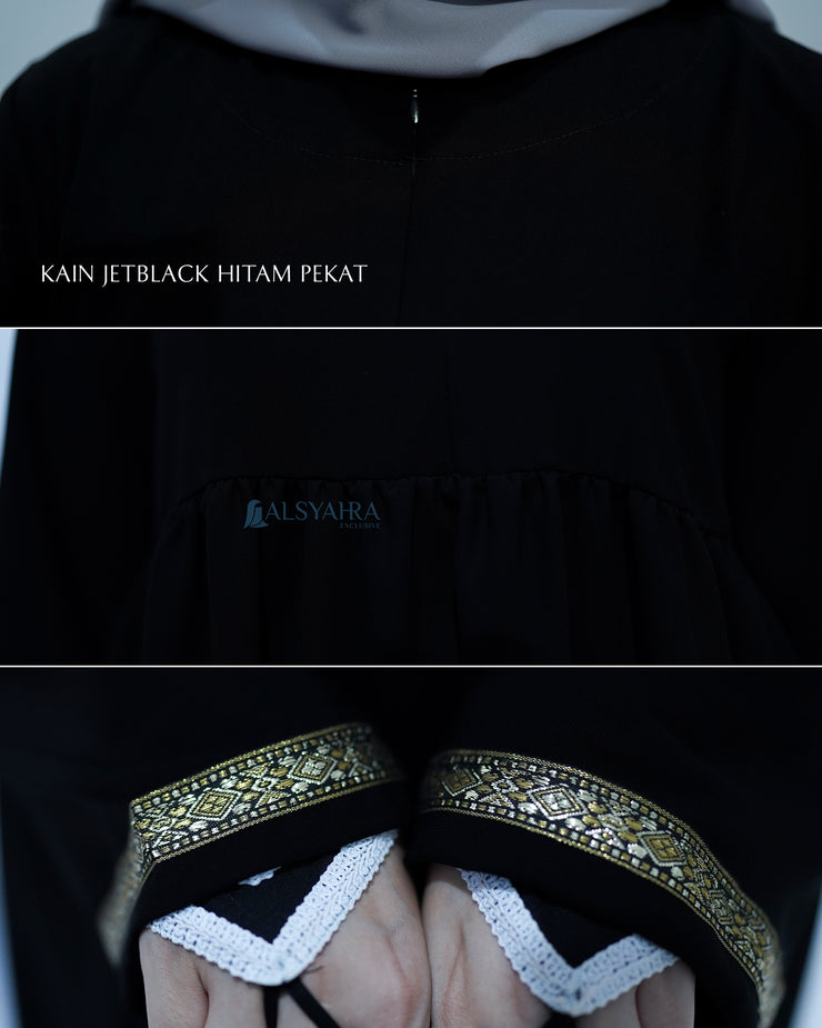 Abaya Gamis Syari Pita India Gold Jetblack Alsyahra Exclusive