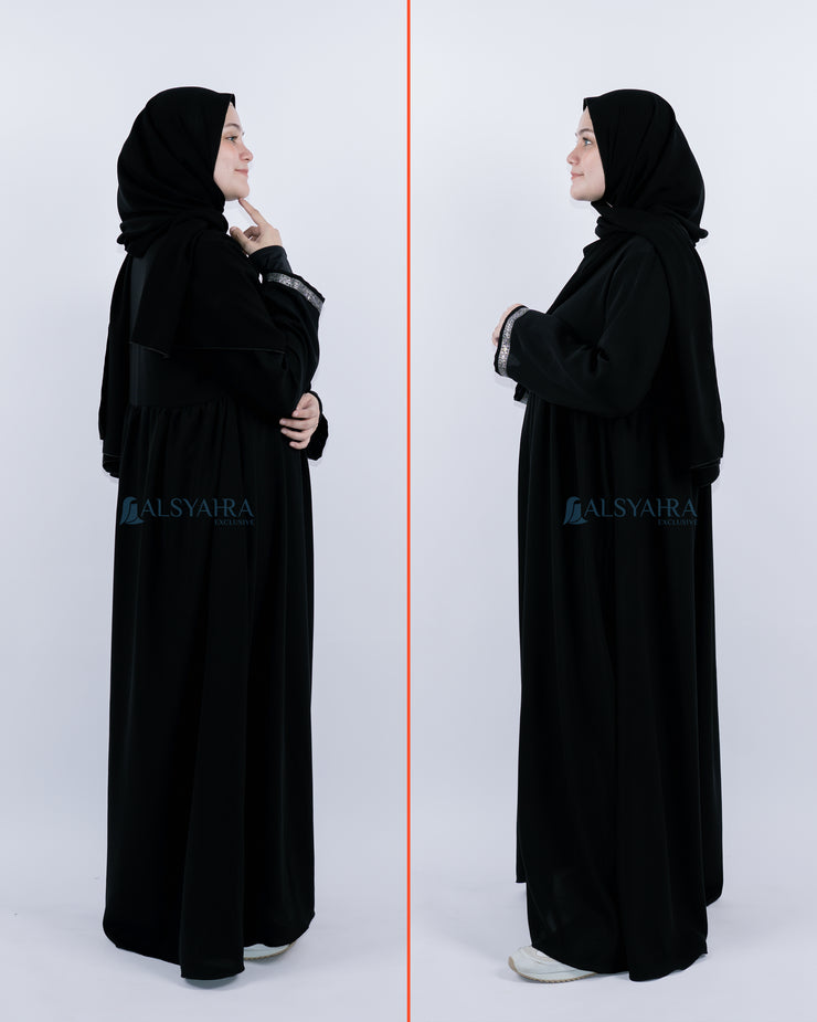 Abaya Gamis Syari Pita India Silver Jetblack Alsyahra Exclusive