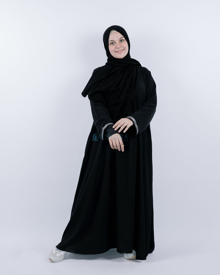 Abaya Gamis Syari Pita India Silver Jetblack Alsyahra Exclusive