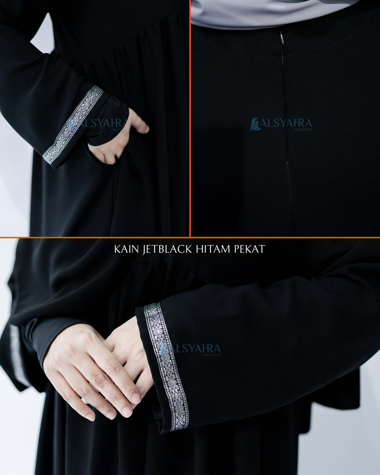 Abaya Gamis Syari Pita India Silver Jetblack Alsyahra Exclusive