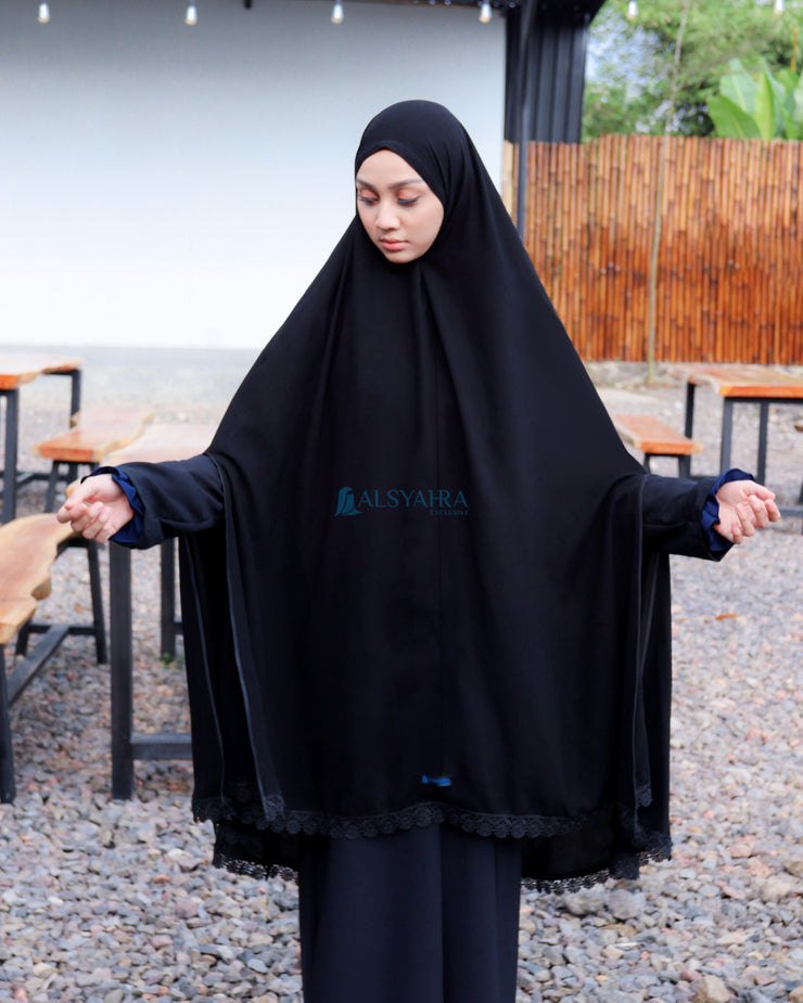 Alsyahra Exclusive Set Khimar Handsplit Bisban Al Shams Niqab Bandana Poni Jetblack