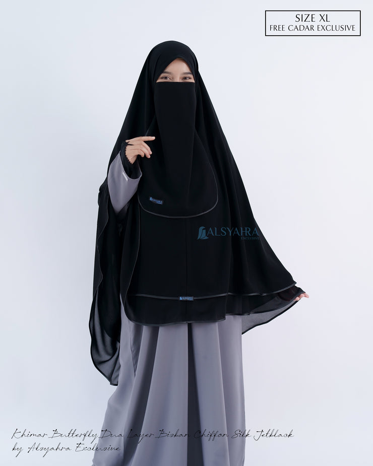 Alsyahra Exclusive Set Khimar Butterfly 2 Layer Bisban Hitam XL Sifon Jetblack