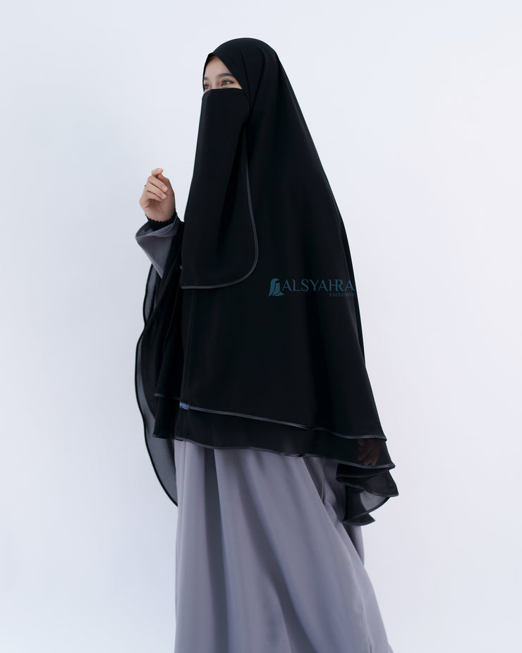 Alsyahra Exclusive Set Khimar Butterfly 2 Layer Bisban Hitam XL Sifon Jetblack