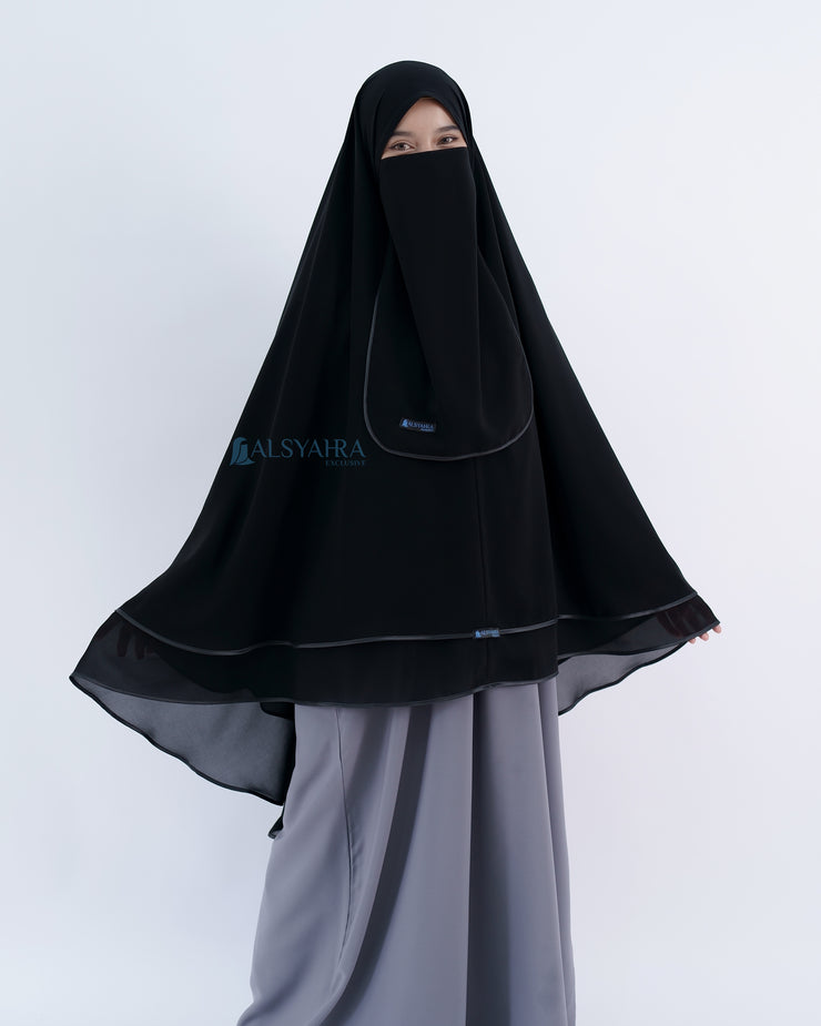 Alsyahra Exclusive Set Khimar Butterfly 2 Layer Bisban Hitam XL Sifon Jetblack