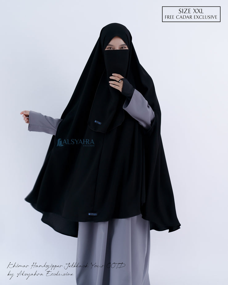 Alsyahra Exclusive Set Khimar Handzipper XXL Cadar Tali Jetblack