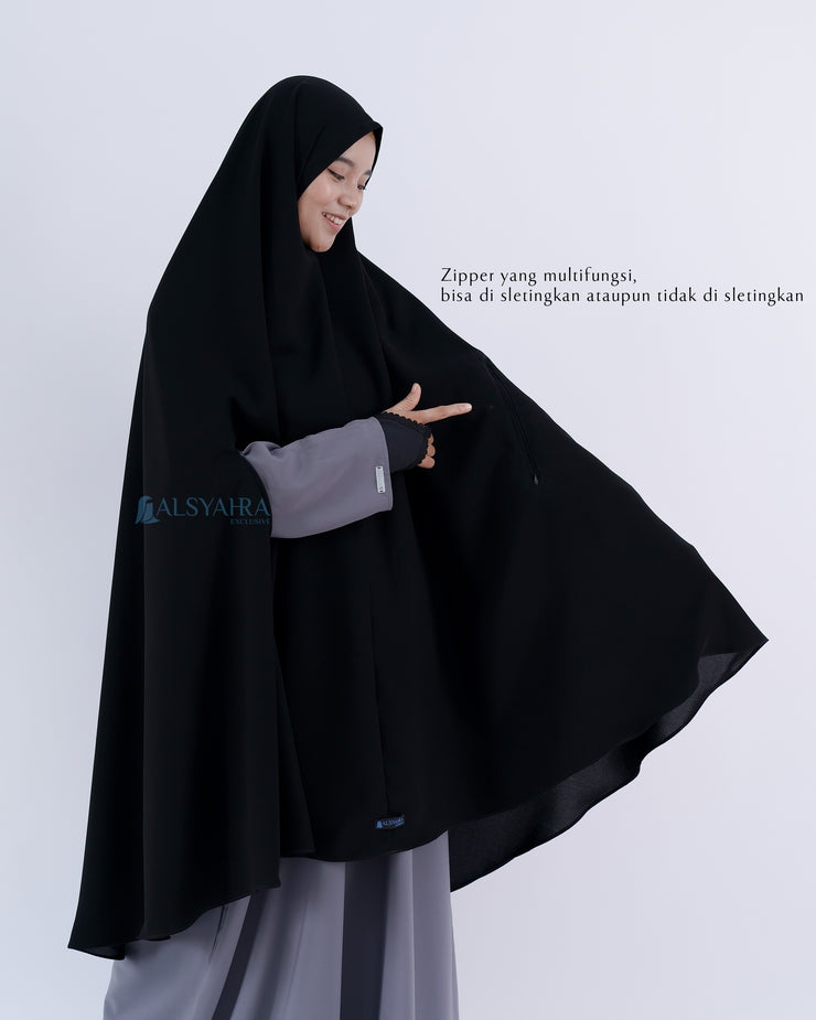 Alsyahra Exclusive Set Khimar Handzipper XXL Cadar Tali Jetblack