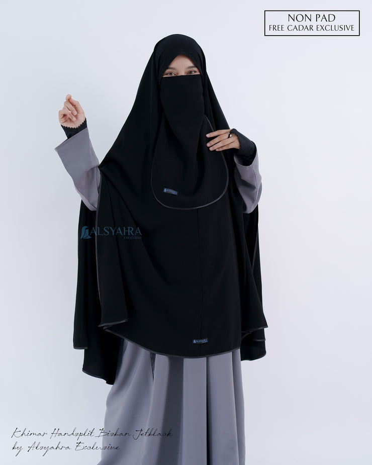 Set Khimar Syari Handsplit Non Pad Cadar Tali Bisban Hitam Jetblack XXL