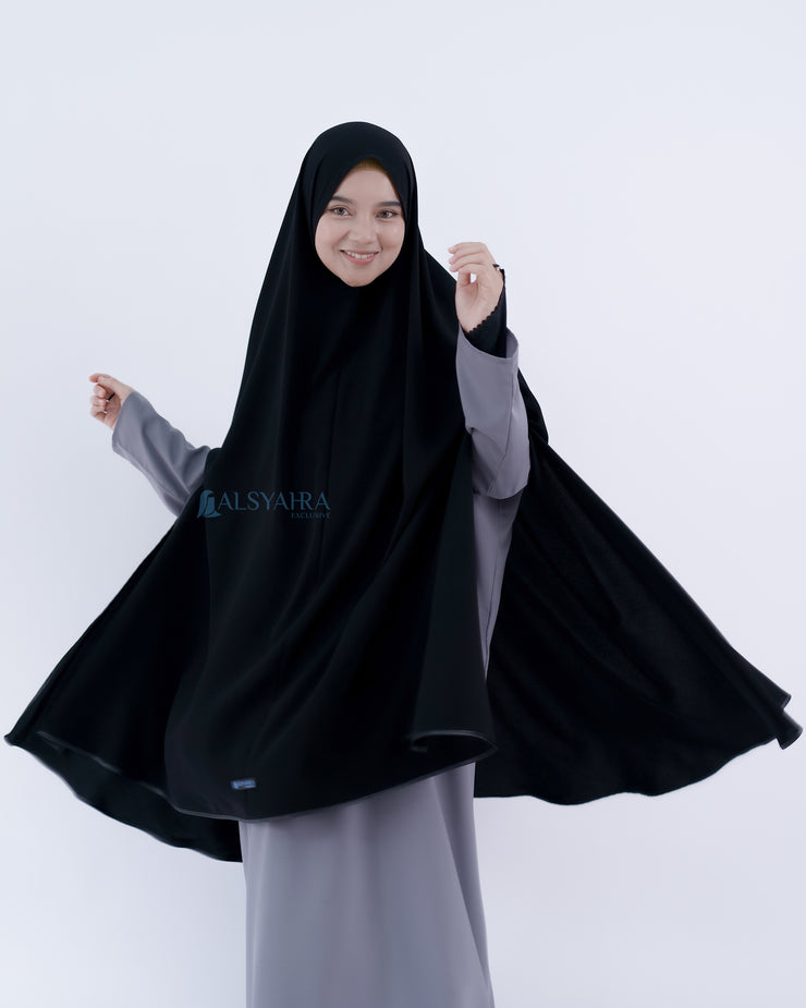 Set Khimar Syari Handsplit Non Pad Cadar Tali Bisban Hitam Jetblack XXL