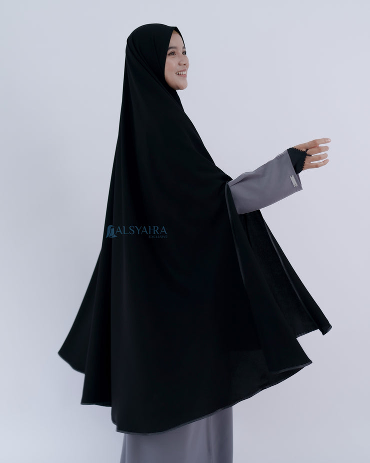 Set Khimar Syari Handsplit Non Pad Cadar Tali Bisban Hitam Jetblack XXL