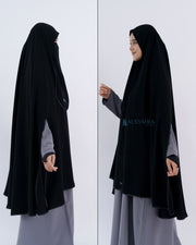 Set Khimar Syari Handsplit Non Pad Cadar Tali Bisban Hitam Jetblack XXL