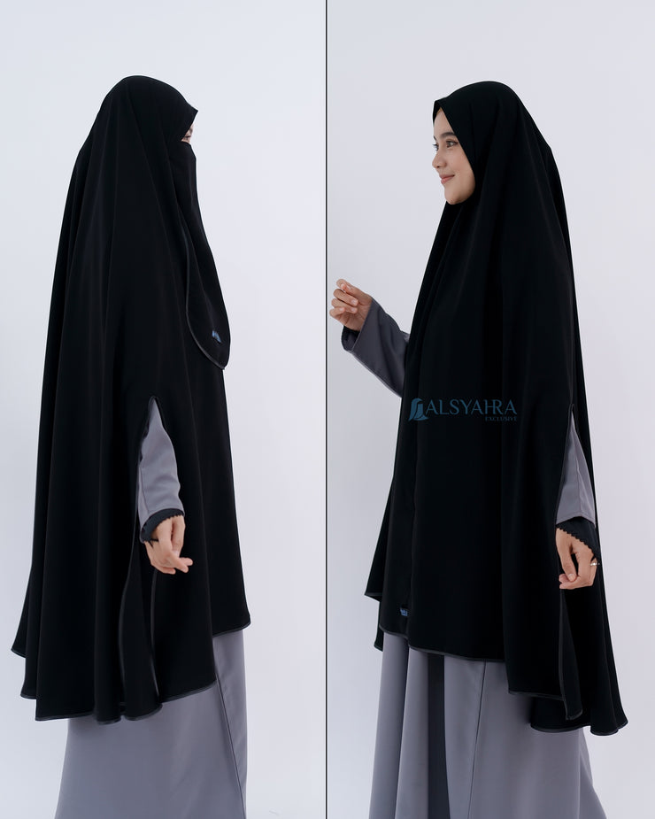 Set Khimar Syari Handsplit Non Pad Cadar Tali Bisban Hitam Jetblack XXL