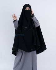 Set Khimar Syari Handsplit Non Pad Cadar Tali Bisban Hitam Jetblack XXL