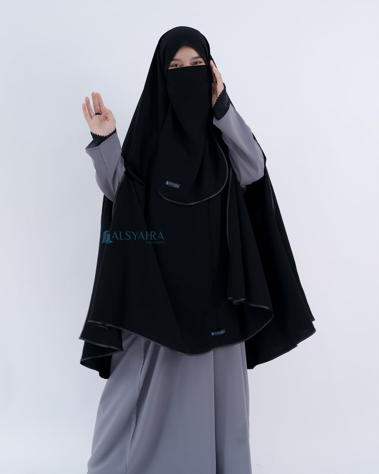 Set Khimar Syari Handsplit Non Pad Cadar Tali Bisban Hitam Jetblack XXL