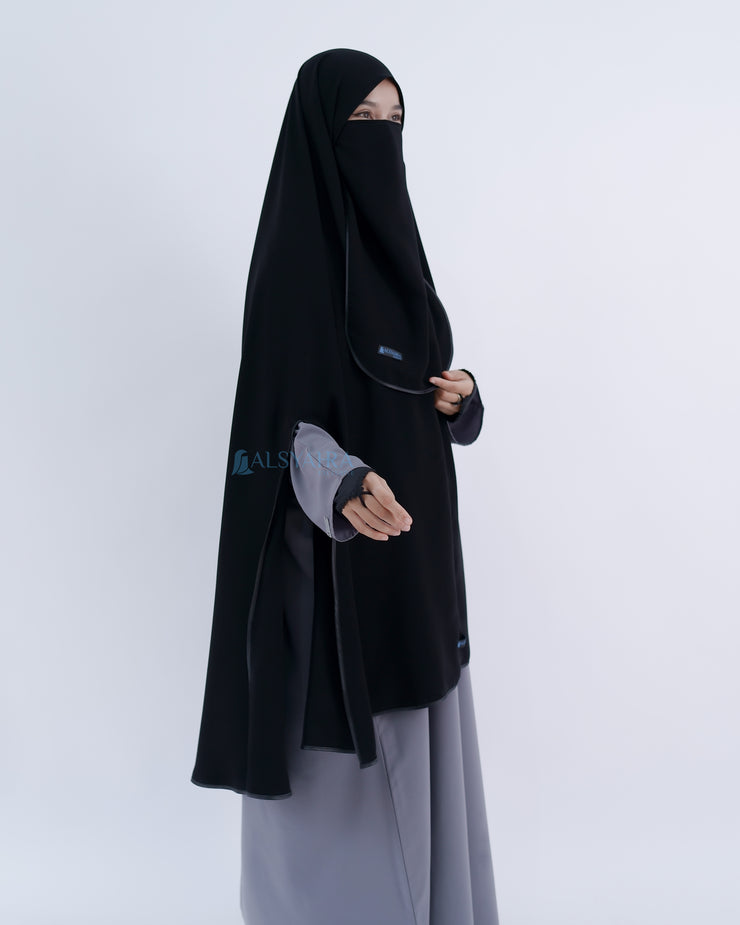 Set Khimar Syari Handsplit Non Pad Cadar Tali Bisban Hitam Jetblack XXL
