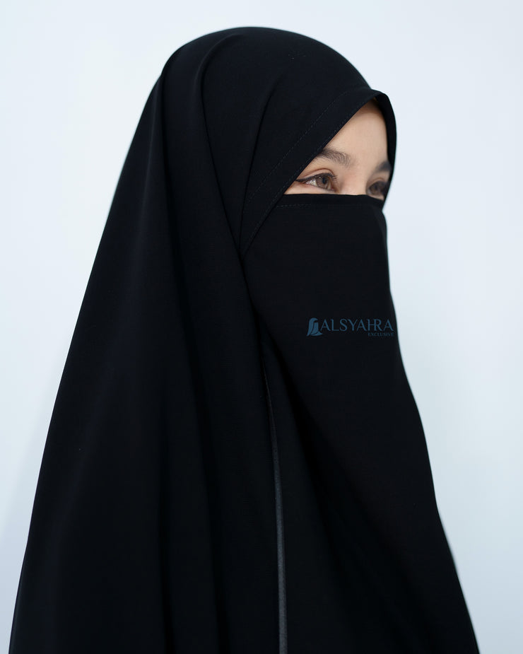 Set Khimar Syari Handsplit Non Pad Cadar Tali Bisban Hitam Jetblack XXL