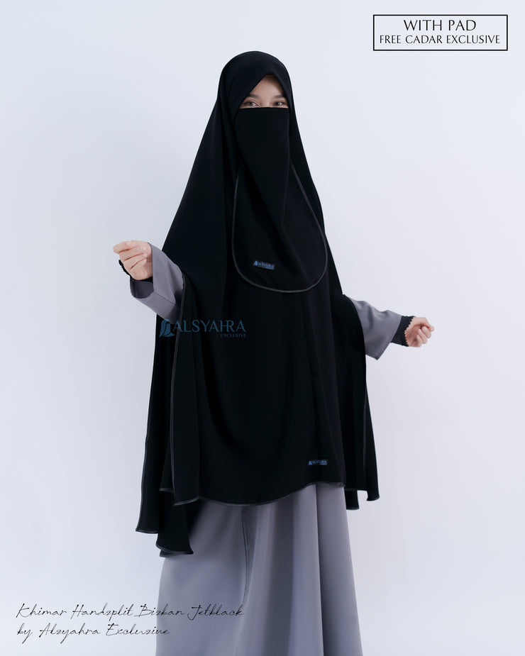 Set Khimar Handsplit Pad Cadar Tali Bisban Hitam Jetblack XXL