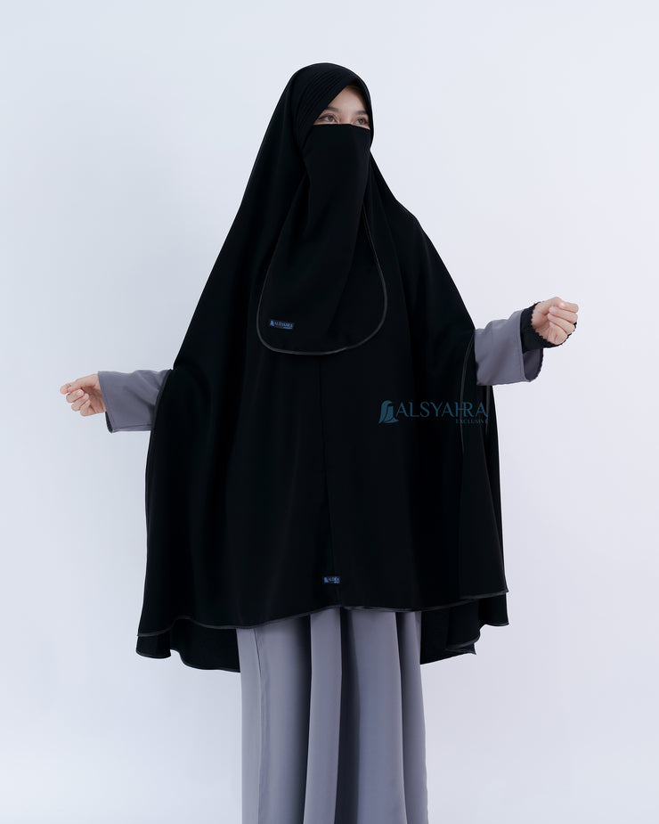 Set Khimar Handsplit Pad Cadar Tali Bisban Hitam Jetblack XXL