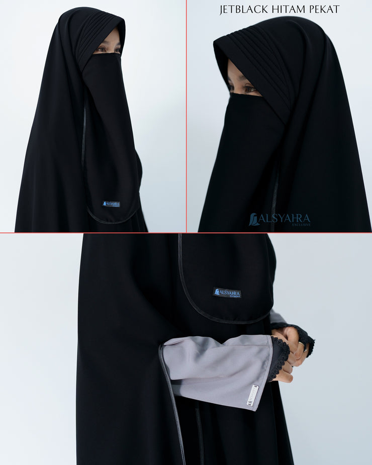 Set Khimar Handsplit Pad Cadar Tali Bisban Hitam Jetblack XXL