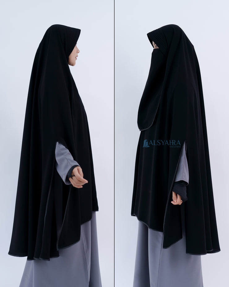 Set Khimar Handsplit Pad Cadar Tali Bisban Hitam Jetblack XXL