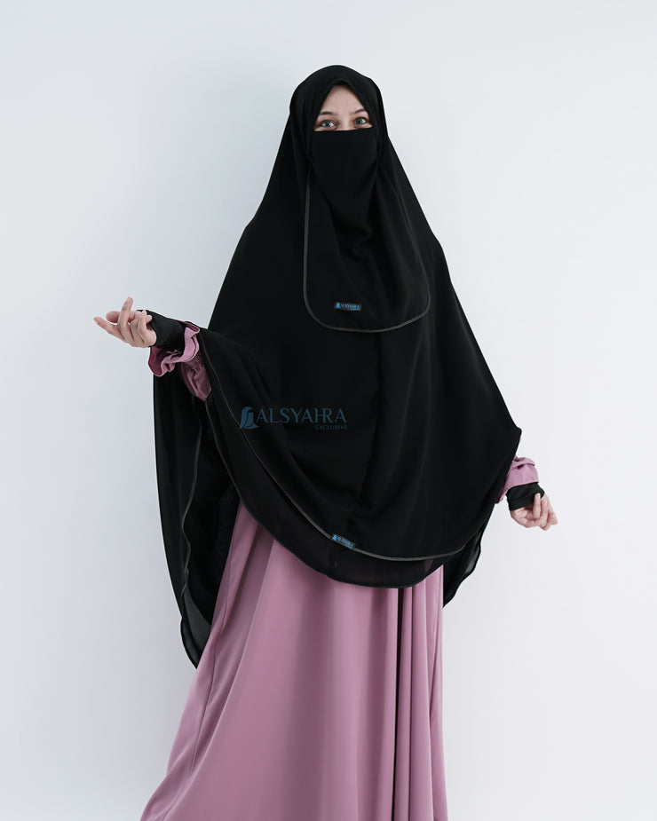 Alsyahra Exclusive Set Khimar Butterfly 2 Layer Bisban Hitam XXL Sifon Jetblack