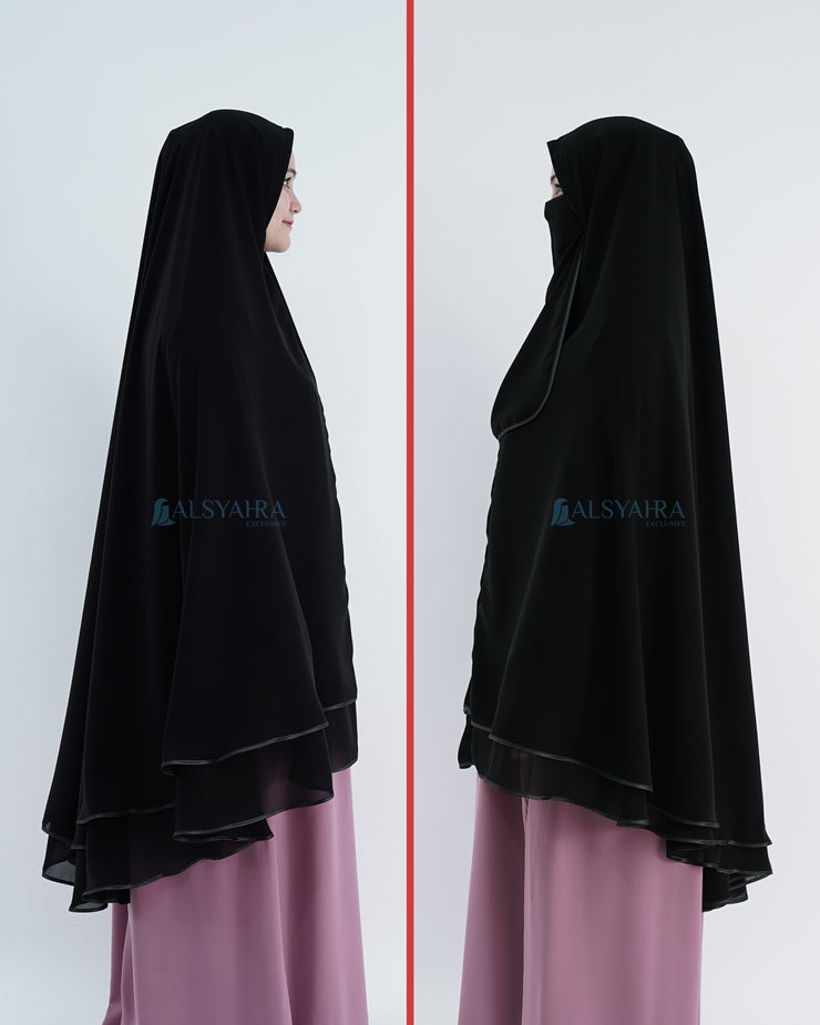 Alsyahra Exclusive Set Khimar Butterfly 2 Layer Bisban Hitam XXL Sifon Jetblack