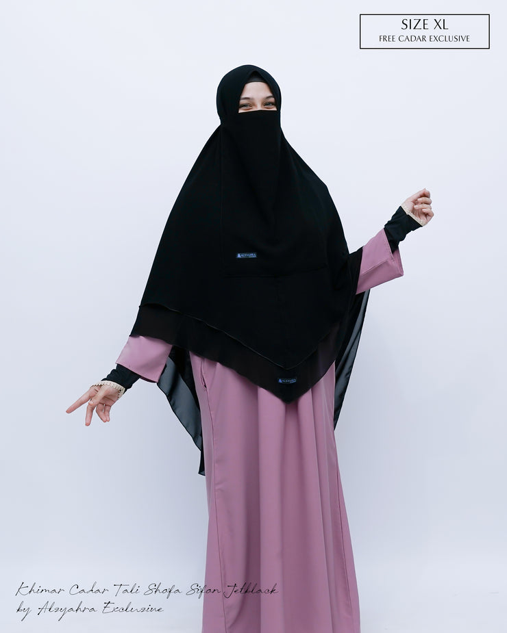 Alsyahra Exclusive Set Khimar Cadar Tali Shofa Sifon Jetblack 2 Layer XL