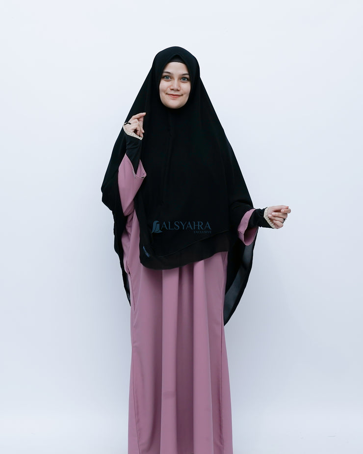 Alsyahra Exclusive Set Khimar Cadar Tali Shofa Sifon Jetblack 2 Layer XL
