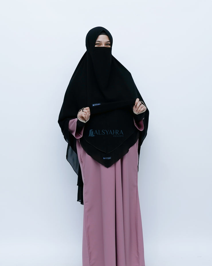 Alsyahra Exclusive Set Khimar Cadar Tali Shofa Sifon Jetblack 2 Layer XL