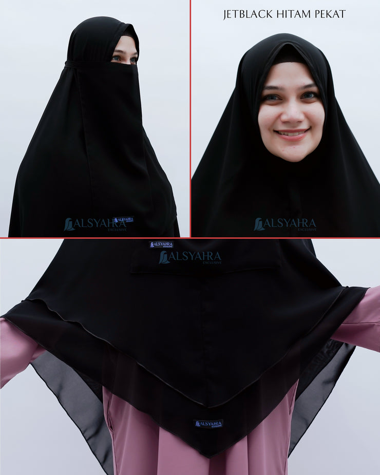 Alsyahra Exclusive Set Khimar Cadar Tali Shofa Sifon Jetblack 2 Layer XL
