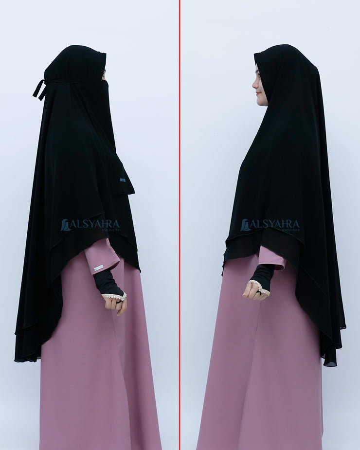 Alsyahra Exclusive Set Khimar Cadar Tali Shofa Sifon Jetblack 2 Layer XL