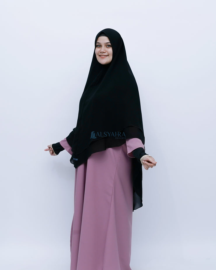 Alsyahra Exclusive Set Khimar Cadar Tali Shofa Sifon Jetblack 2 Layer XL