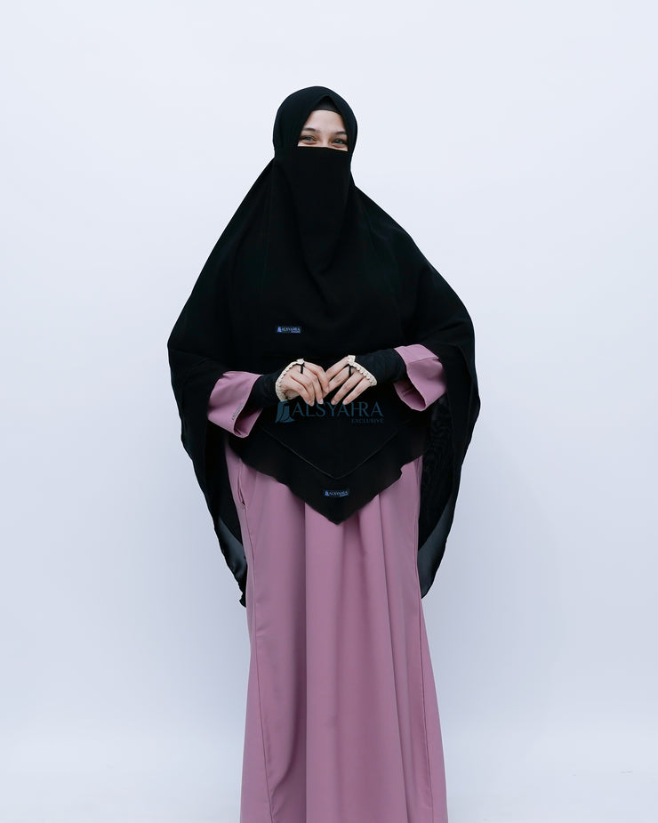 Alsyahra Exclusive Set Khimar Cadar Tali Shofa Sifon Jetblack 2 Layer XL