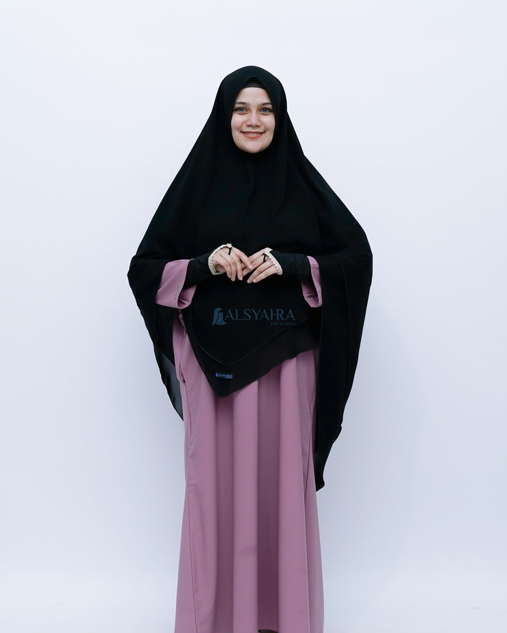 Alsyahra Exclusive Set Khimar Cadar Tali Shofa Sifon Jetblack 2 Layer XL