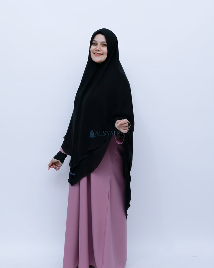 Alsyahra Exclusive Set Khimar Cadar Tali Shofa Sifon Jetblack 2 Layer XXL