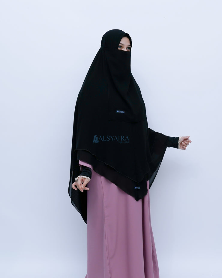 Alsyahra Exclusive Set Khimar Cadar Tali Shofa Sifon Jetblack 2 Layer XXL