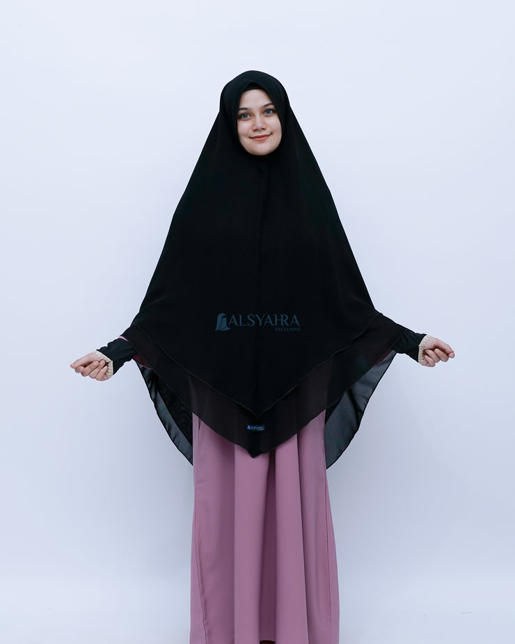 Alsyahra Exclusive Set Khimar Cadar Tali Shofa Sifon Jetblack 2 Layer XXL