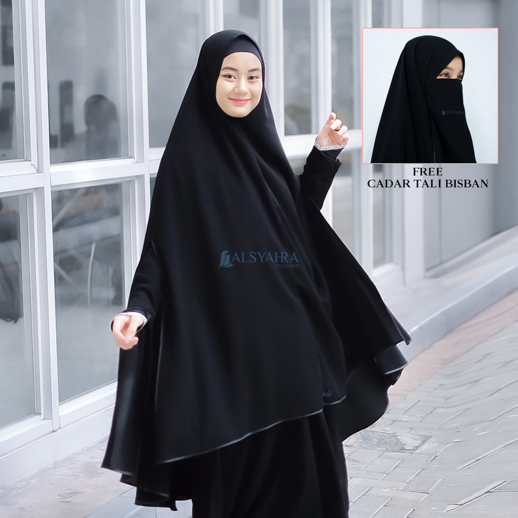 Set Khimar Syari Handsplit Non Pad Cadar Tali Bisban Hitam Jetblack XXL