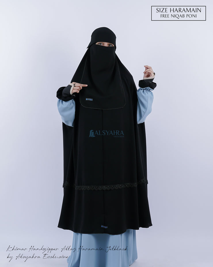 Set Khimar Syari Handzipper Altaj Haramain Niqab Poni Jetblack Alsyahra Exclusive