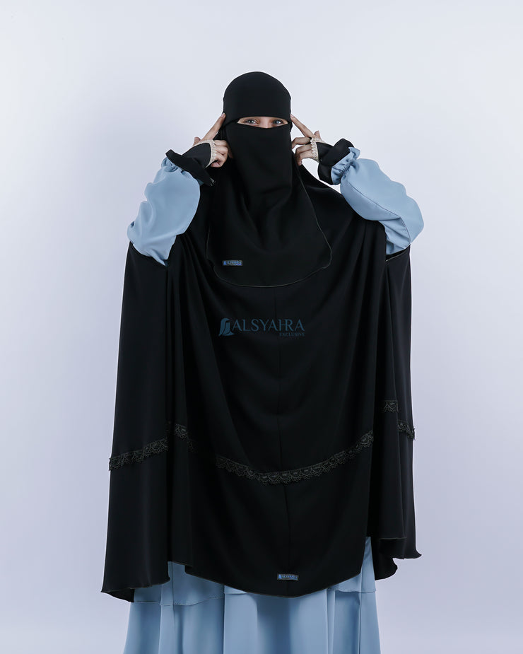Set Khimar Syari Handzipper Altaj Haramain Niqab Poni Jetblack Alsyahra Exclusive