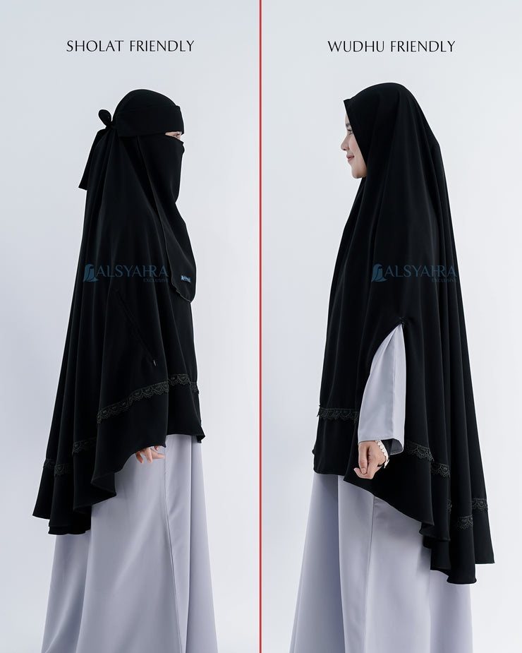 Set Khimar Syari Handzipper Altaj Size XL Niqab Poni Jetblack Alsyahra Exclusive