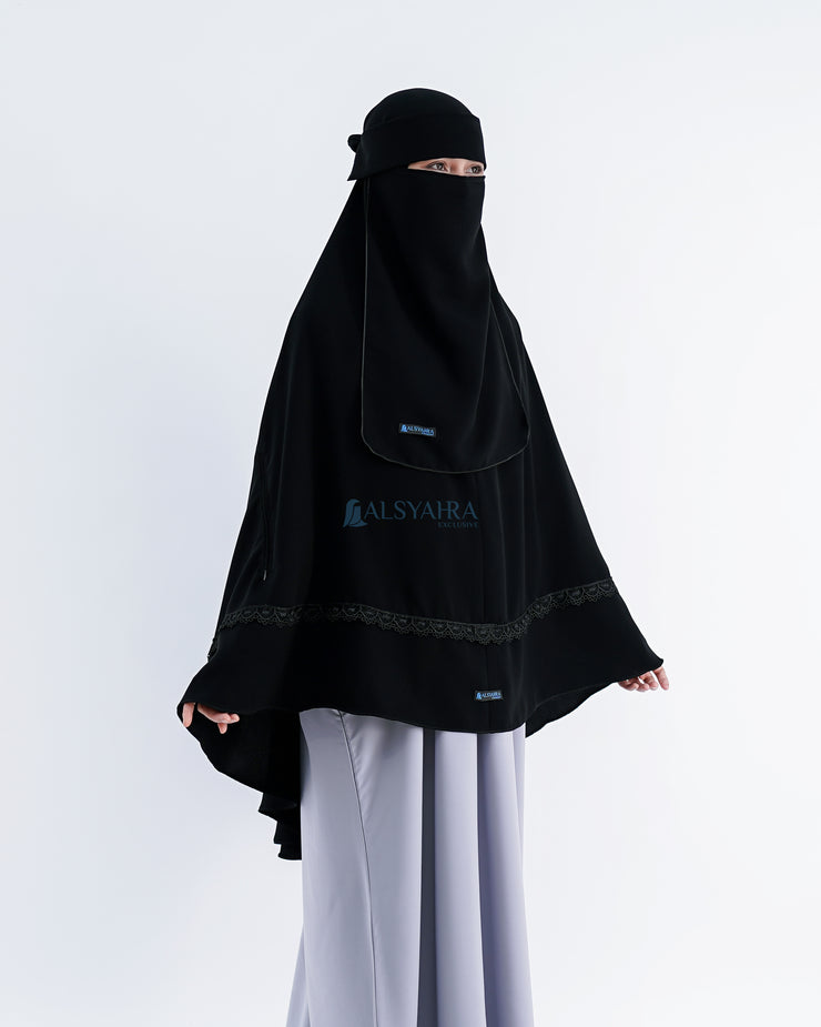Set Khimar Syari Handzipper Altaj Size XL Niqab Poni Jetblack Alsyahra Exclusive