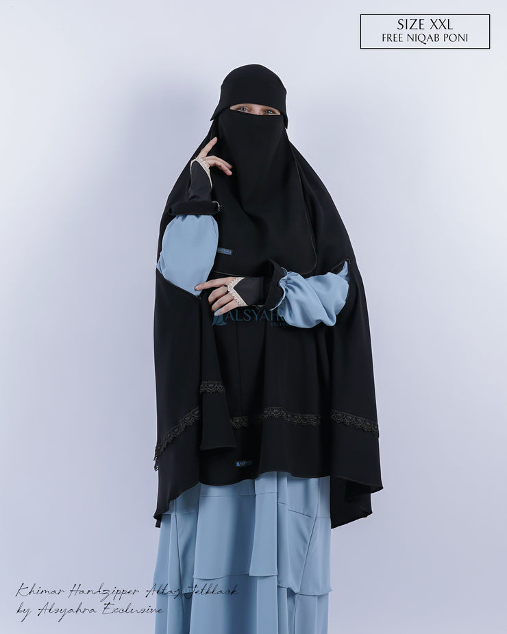 Set Khimar Syari Handzipper Altaj Size XXL Niqab Poni Jetblack Alsyahra Exclusive