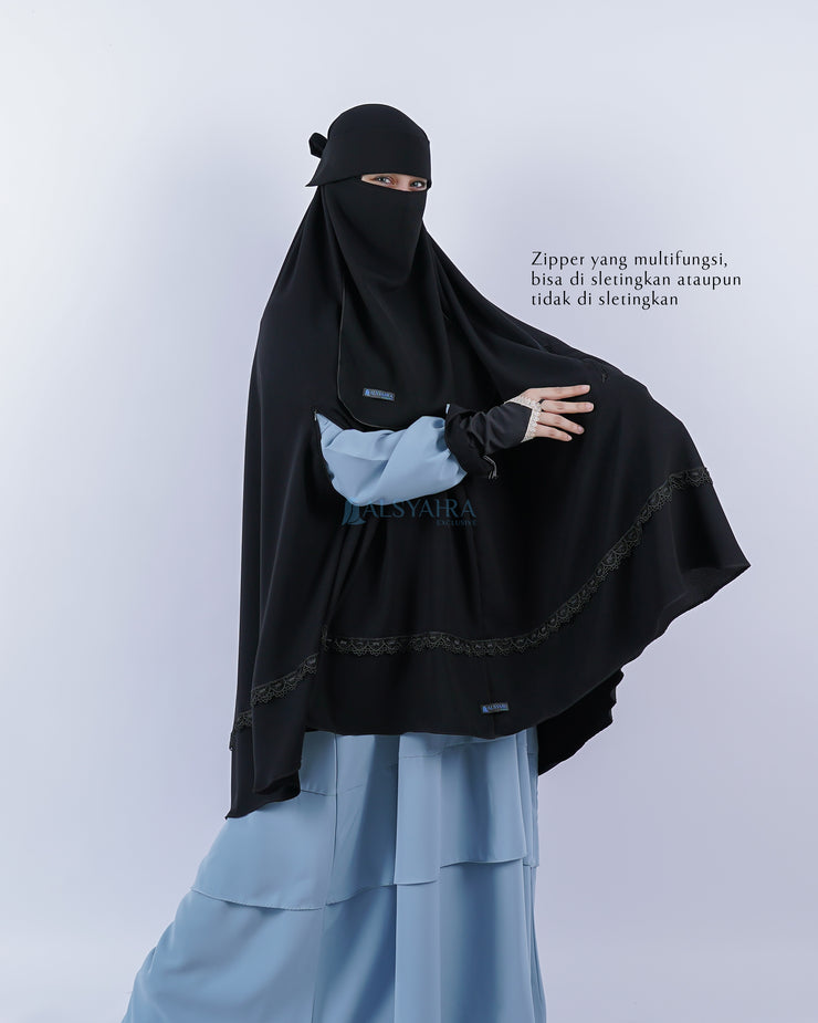 Set Khimar Syari Handzipper Altaj Size XXL Niqab Poni Jetblack Alsyahra Exclusive