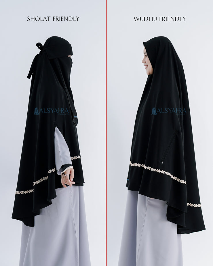 Set Khimar Syari Handzipper Nailah Size XL Niqab Poni Jetblack Alsyahra Exclusive