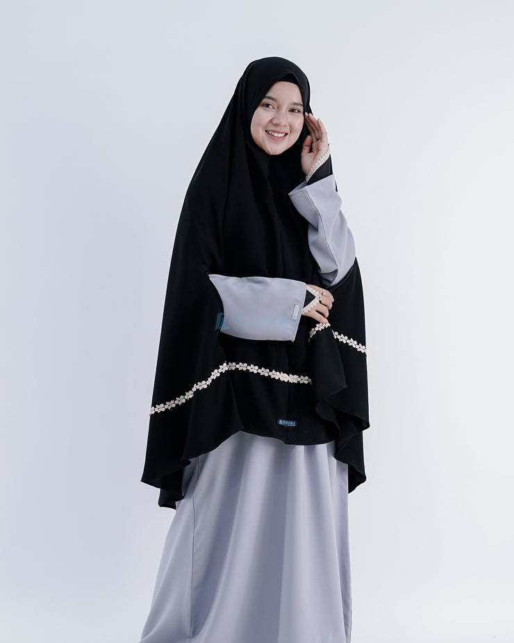 Set Khimar Syari Handzipper Nailah Size XL Niqab Poni Jetblack Alsyahra Exclusive
